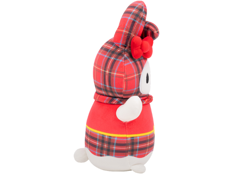 Red plaid plush bunny with white details, viewed from the side.