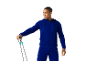 Man in blue tracksuit and zip-up hoodie, exercising with a resistance band.