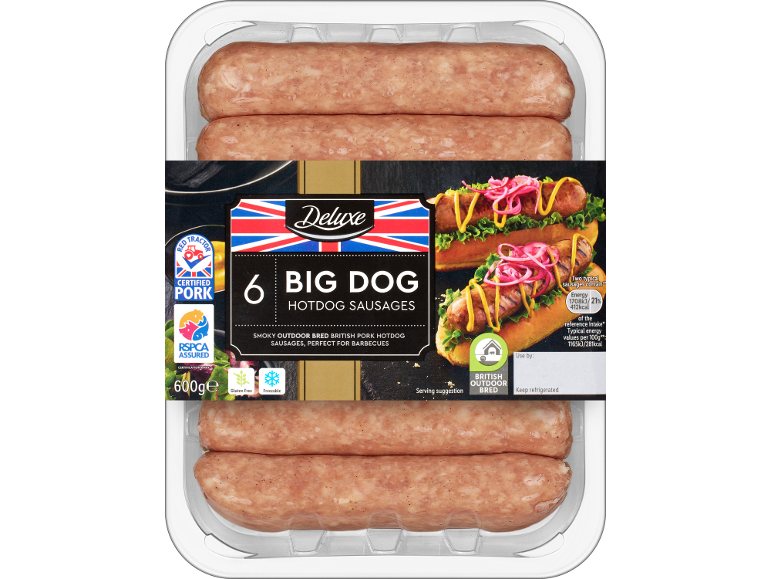 Pack of 6 Big Dog Hotdog Sausages, British outdoor bred pork, 600g, with hotdog serving suggestion.