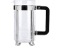 Glass pitcher with metal holder and black handle.