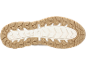 Shoe sole with a robust traction pattern in beige and white tones.
