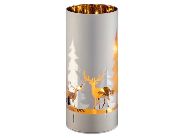 Christmas decoration with illuminated deer and trees, featuring a shiny golden interior.
