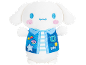 Plush white dog toy with a blue vest and striped shirt.