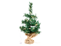 Artificial Christmas tree with LED lights and burlap sack base.