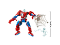 Red and blue toy robot with a figure head, a spider web, and a white minifigure.