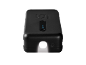 Black portable charger with an activated flashlight and blue indicators.