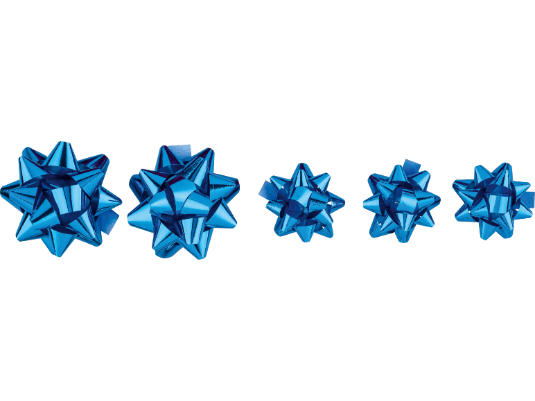 Five shiny blue gift bows of varying sizes on a black background.
