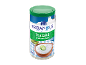 Greek style tzatziki seasoning mix in a container, with a bowl of dip and cucumber.