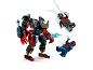 Red and black toy robot with two superhero figures.
