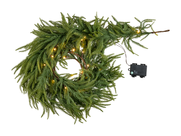 Pre-lit artificial cedar wreath with warm white LED lights and a battery box.