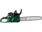 Green and black petrol chainsaw with bar and chain, featuring an ergonomic handle.