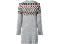 Grey knitted dress with a colorful Fair Isle pattern on the yoke.
