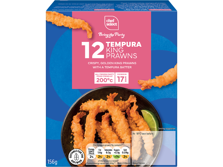 Pack of Chef Select Tempura King Prawns with 12 crispy king prawns in tempura batter.