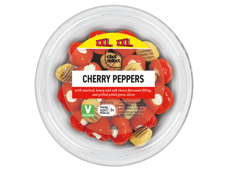 XXL cherry peppers with mustard, honey and soft cheese filling, and grilled green olives, 300g.