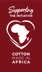 Seal: Supporting the Initiative, Cotton Made in Africa, with a heart-shaped outline of Africa.