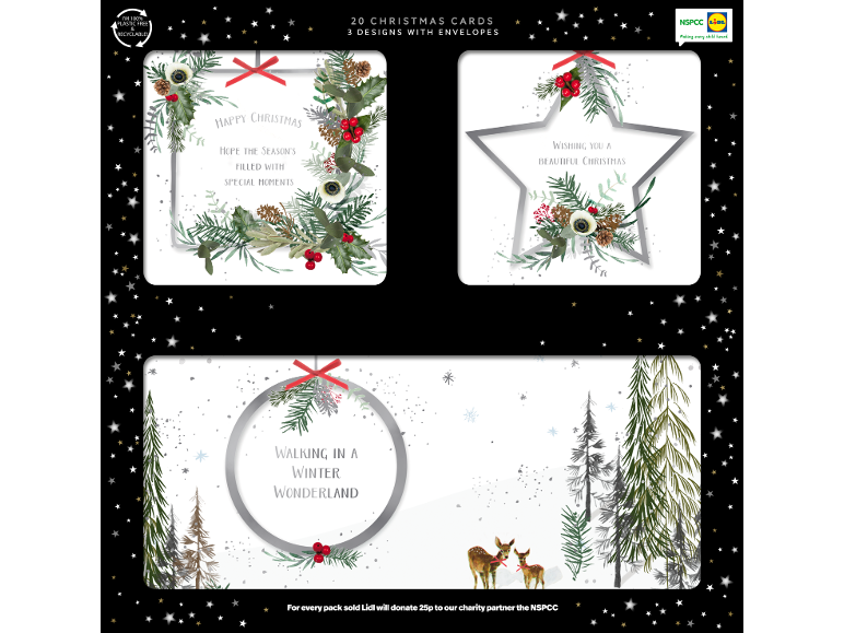 A pack of 20 festive Christmas cards in three designs with envelopes and charity donation info.