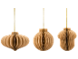 Three brown paper Christmas ornaments in ball shapes, hanging.
