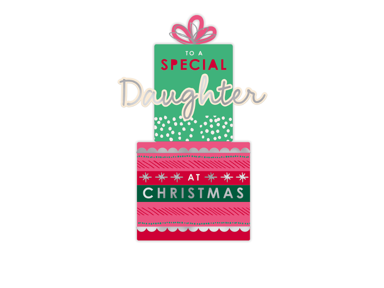 Christmas card for daughter in the shape of gifts with festive text.