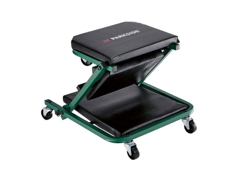 Green foldable workshop creeper with black padded seat and backrest, with wheels.