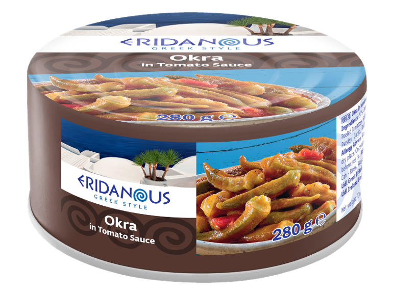 Can of Greek style okra in tomato sauce, 280 g.