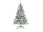 Flocked artificial Christmas tree with a green stand on a black background.