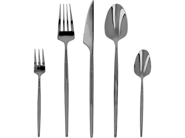 Black cutlery set featuring a dinner fork, knife, soup spoon, and small fork.