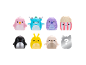 Eight colorful toy figures, including a pink bird, a blue dragon, and popcorn.