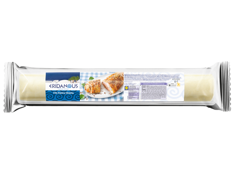 Greek style filo pastry sheets, 500g, with cooking instructions.