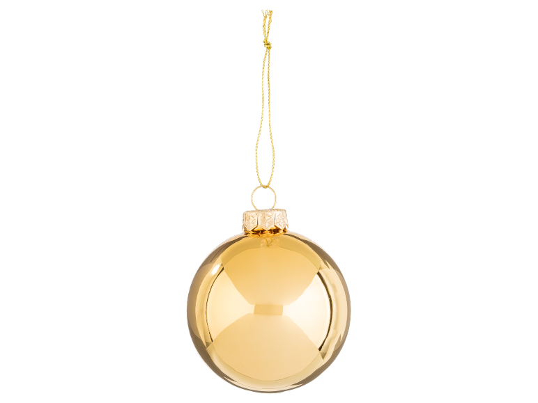 Shiny golden Christmas bauble with a gold string against a black background.