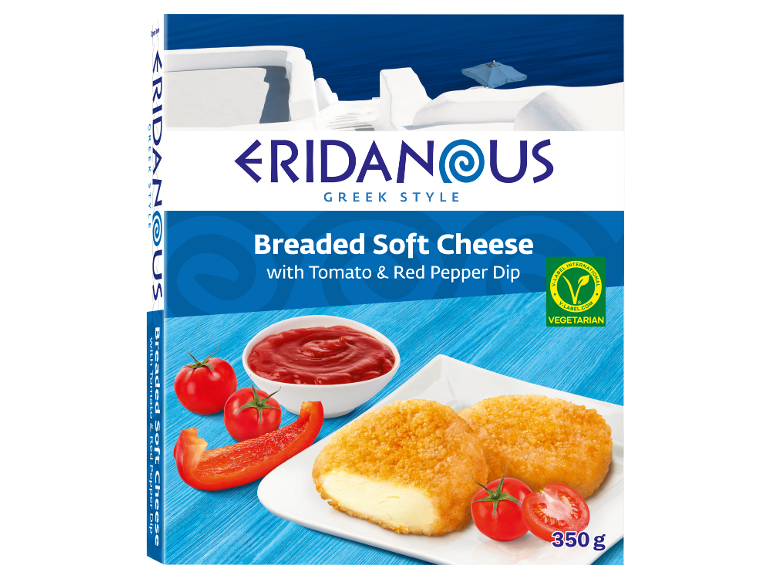 Greek style breaded soft cheese with tomato and red pepper dip, 350g, vegetarian.