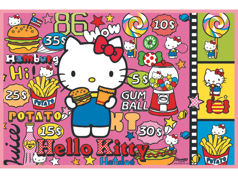 Cartoon fast food and candy items with prices, including burgers, fries, hot dogs, and lollipops.