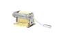 Stainless steel pasta maker with a hand crank and fresh pasta dough.