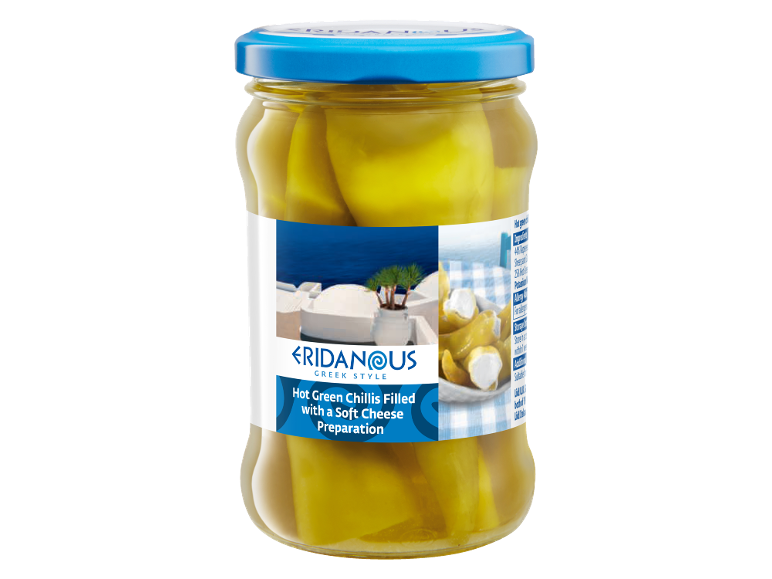 Hot green chillies filled with a soft cheese preparation in a jar, Greek style.