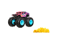 Pink monster truck with number 105 and blue rims, next to a yellow toy car.