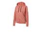 Coral-colored women's hoodie with a zipper and pockets.