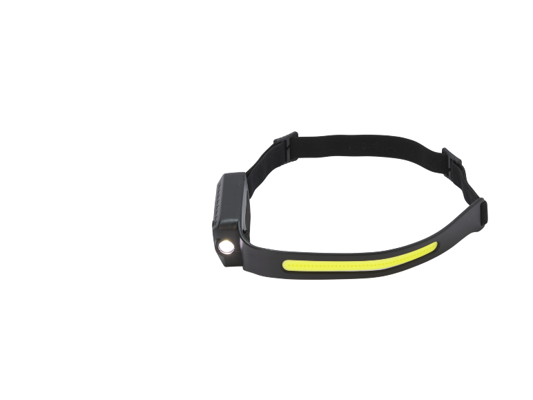 Black headlamp with a bright yellow LED strip and a single spotlight.