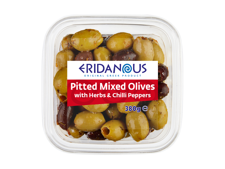 Pitted mixed olives with herbs and chilli peppers, 380g