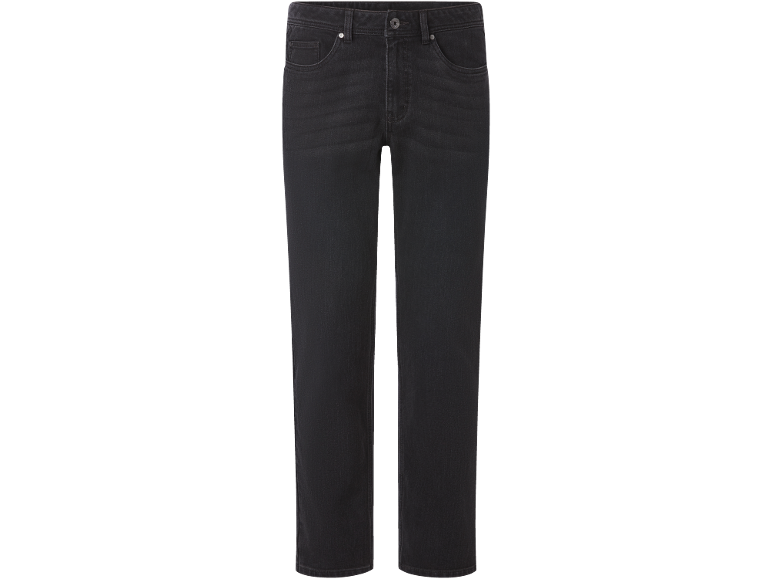 Dark grey men's five-pocket jeans.