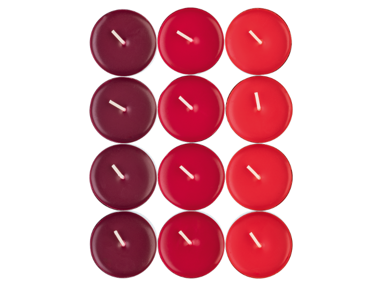 Red and burgundy tea lights in a grid on a black background