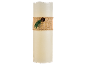 Cream candle decorated with a jute ribbon, pinecone, and pine branch.