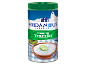 Tzatziki seasoning in a container with a Greek theme, with a bowl of tzatziki and olives.