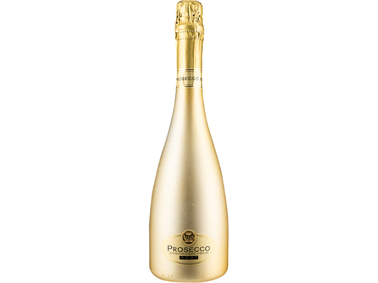 Golden bottle of Allini Prosecco Spumante Brut sparkling wine.