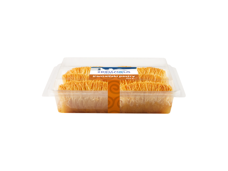 Clear plastic tray with Kantafaki pastry, with an orange label indicating 'Kantafaki pastry 450 g'.