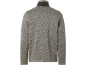 Grey marled knitted sweater with a stand-up collar, back view.