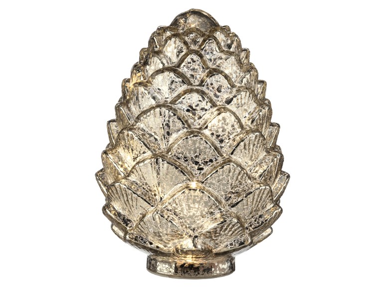 Decorative light in the shape of a pine cone made of shiny glass.