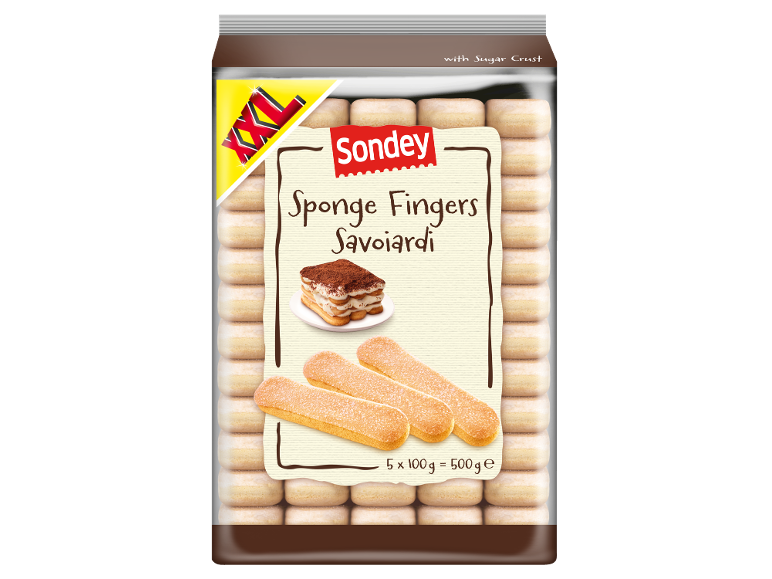 Pack of sponge fingers with sugar crust, featuring a tiramisu portion and individual sponge fingers.