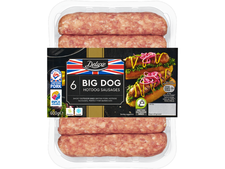 Pack of 6 large hot dog sausages made from pork, ready for barbecues.