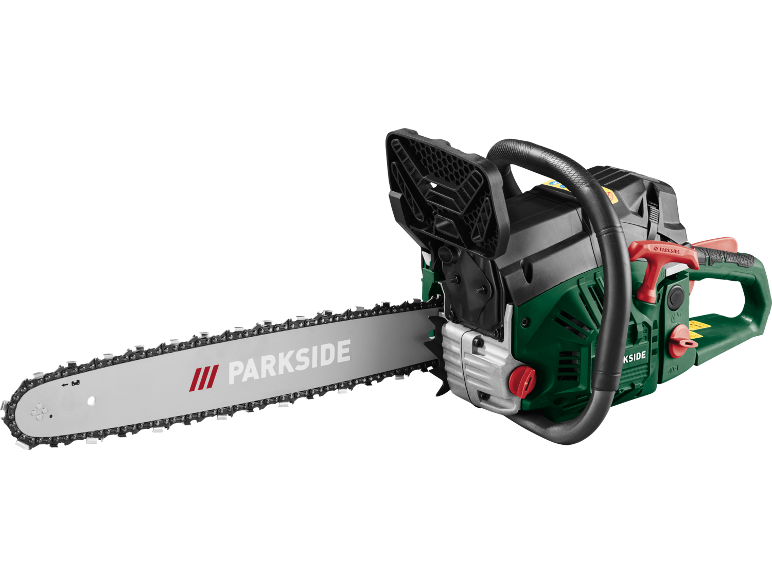 Green and black chainsaw with a long silver blade and chain.