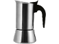 Stainless steel coffee maker with a black handle.