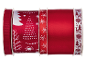 Christmas ribbons in red and white with patterns of trees, snowflakes, and deer.